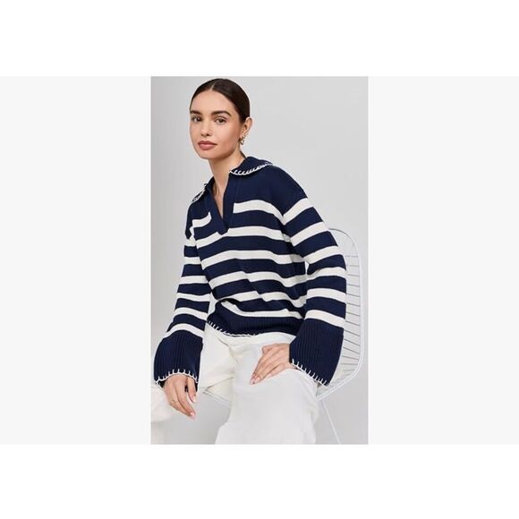 NEW Blue V Neck Striped Oversized Collared Chunky Knit Pullover Sweater m - Picture 5 of 7